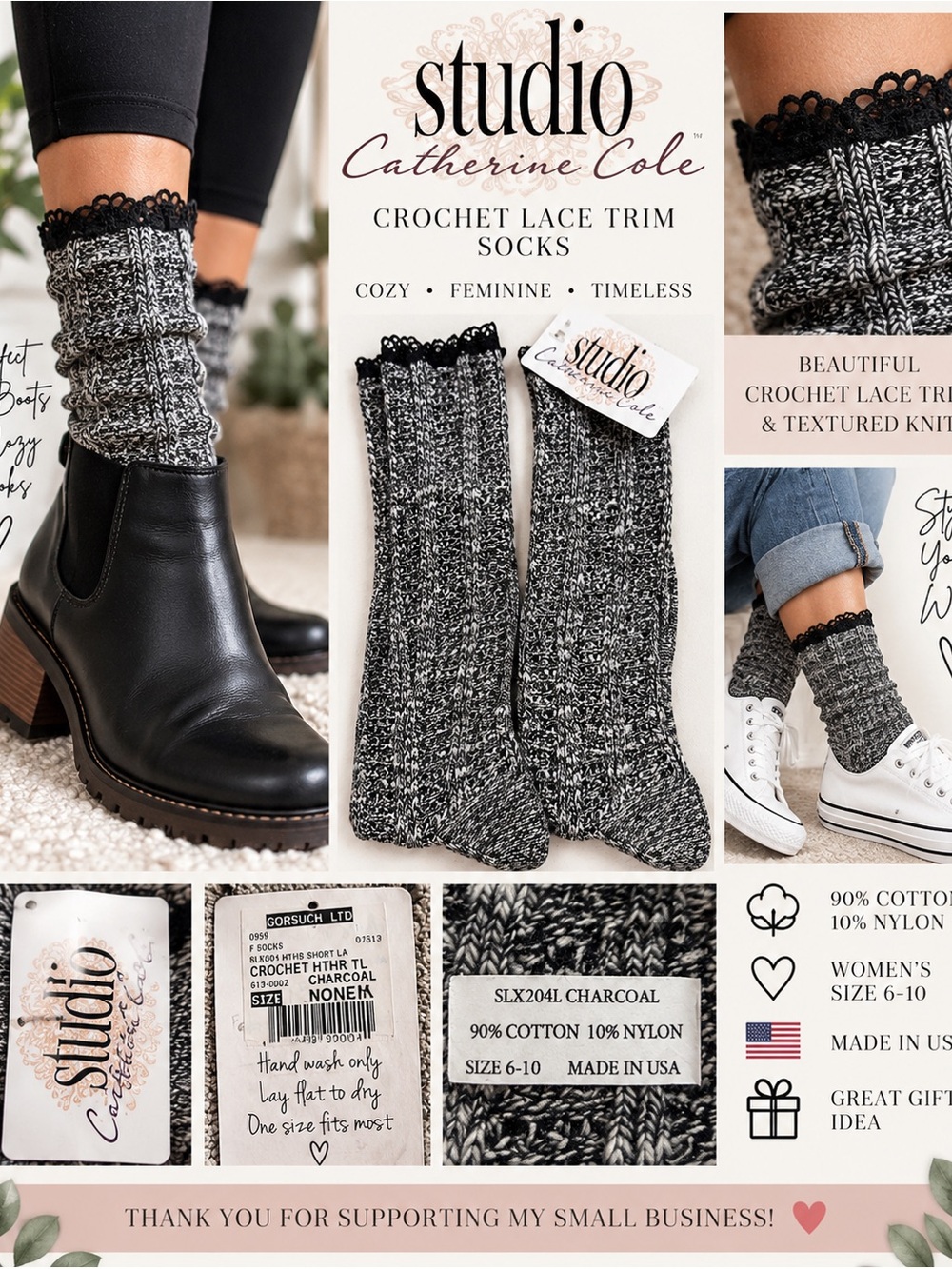 Catherine Cole Crochet Lace Trim Socks Charcoal Size 6-10 Made USA NWT